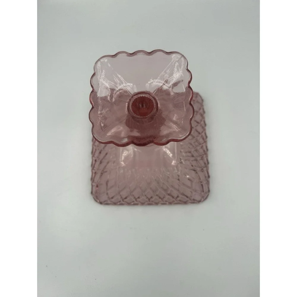 Pink Glass Square Pedestal Compote Dish, Diamond Pattern, 8 in x 8 in